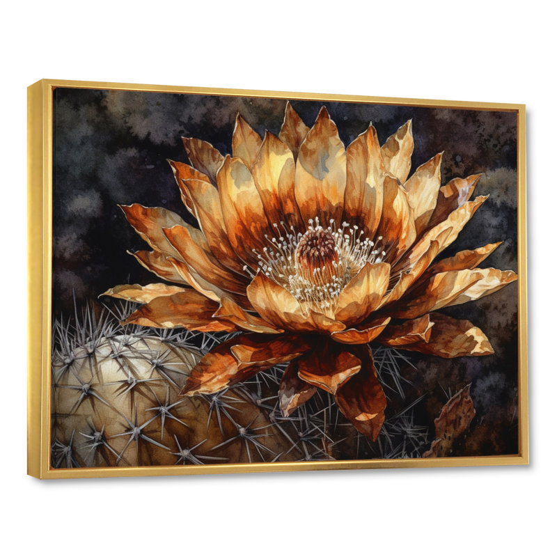 Art sur toile de cactus brun Rozia, H 24 po x l 32 po x P 1 po, Cadre flottant doré