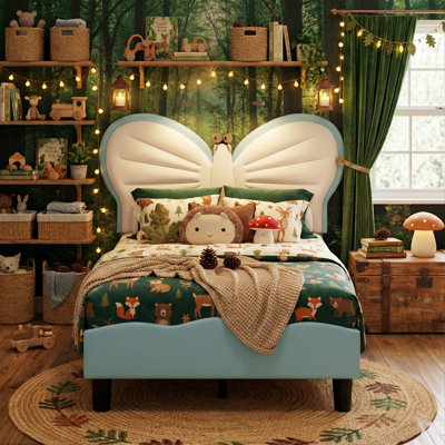 Kids Upholstery Butterfly Bed, Mixed Velvet & PU Leather Headboard With LED Antennae Lights & Adjustable Height, European Single (90 X 200 cm) 