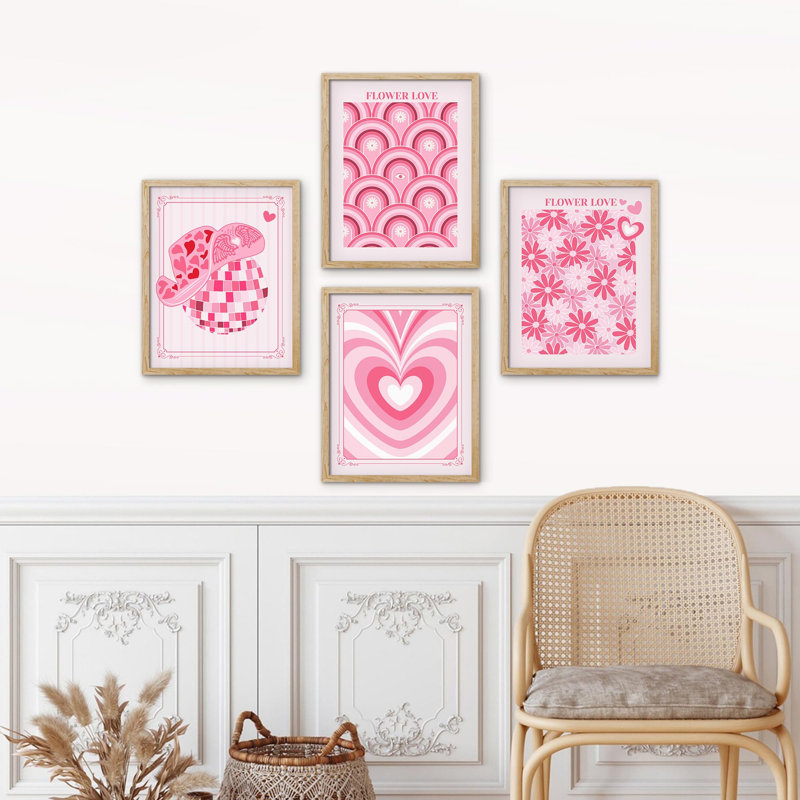 «Watercolor Pink Heart Circle Flower Collages», impression encadrée sur papier, 4 pièces, Naturel, H 14 po x l 11 po
