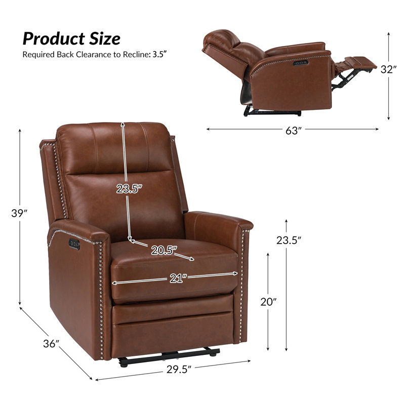 Rueda 29.5" W Genuine Leather Power Recliner, Brown Genuine Leather