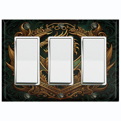 Metal Light Switch Plate Cover; US Standard Size 3 Gang GFI Rocker - Dragon Emblem