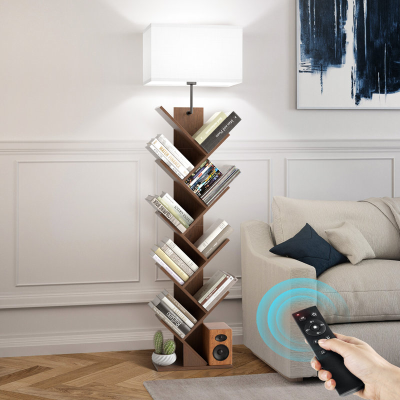 Bibliothèques avec éclairage à DEL et télécommande, lampe sur pied à 9 niveaux, Noyer