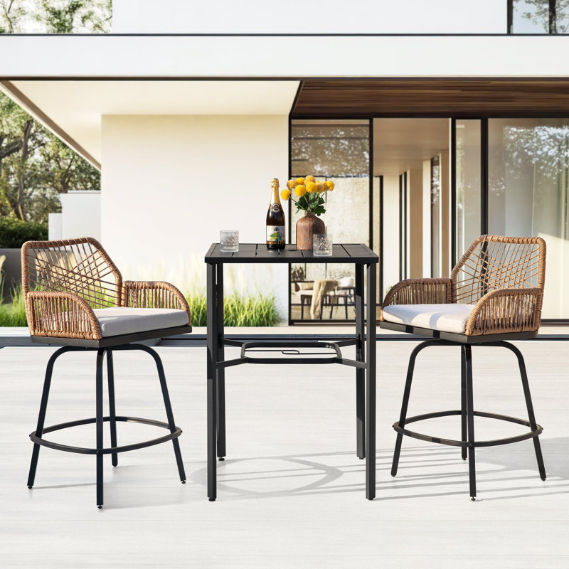 Ensemble de 3 barres de patio pivotantes avec coussins, conception en rotin torsadé tissé à la main, 3