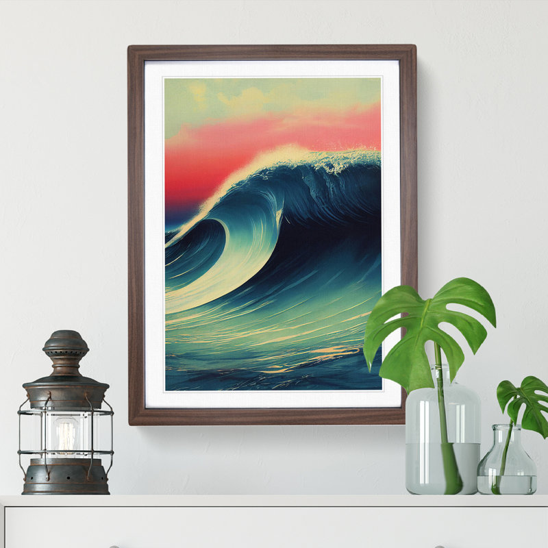 Sunset Ocean Wave No.3 - Single Picture Frame Print, 64cm H x 46cm W x 2cm D, Walnut Framed