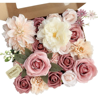 Roses Artificial Flowers Bouquets Box Set For DIY Bridal Wedding Shower Decorations Fake Floral Arrangements For Party Table Centerpieces Home Decor Indoor Outdoor Dusty Blush 19Pcs