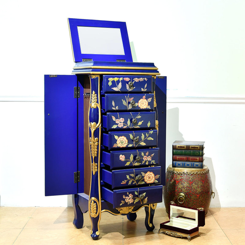 Armoire à bijoux luxueuse avec motifs floraux et miroir rabattable, Bleu