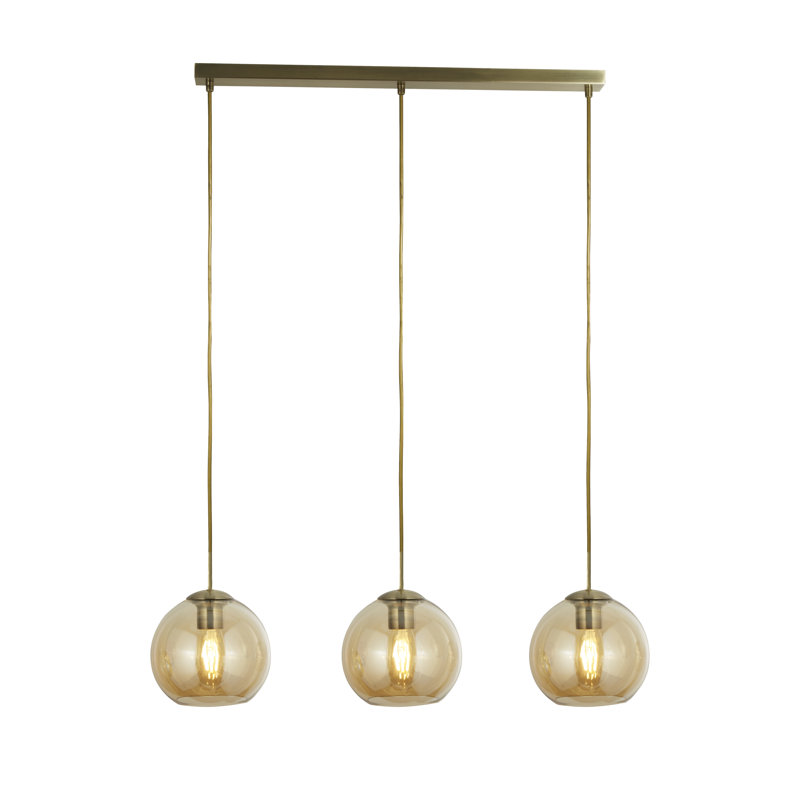 3 - Light Kitchen Island Globe Pendant, Antique Brass/Amber