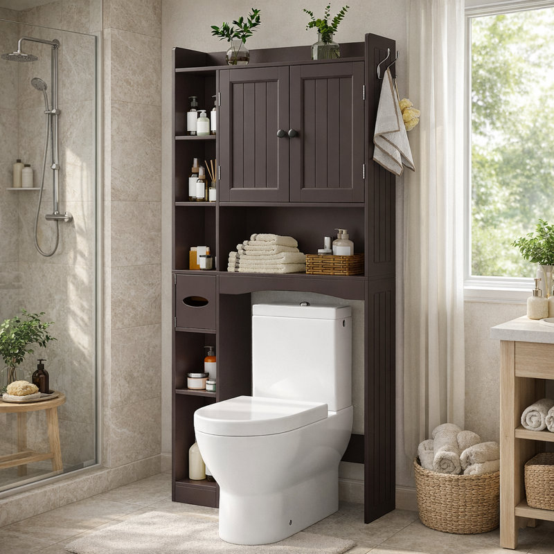 66'' H Freestanding Over The Toilet Storage，Bathroom Storage With Adjustable Shelf, Walnut