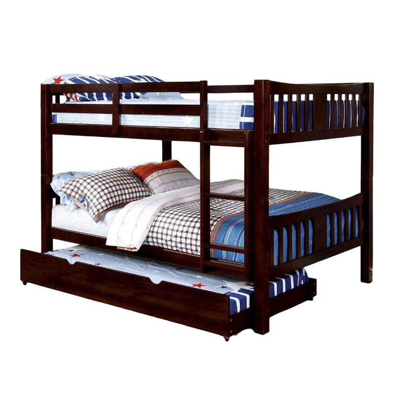 Lit double superposé au-dessus avec atmosphère transitionnelle, maquillage en bois massif, attaché, éblouissement noyer foncé, rails avec joint verrouillable, lit gigogne, base, lueur et