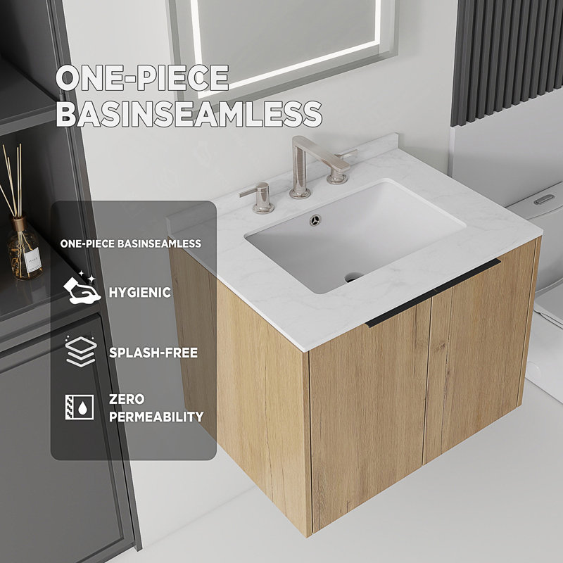 Meuble-lavabo suspendu avec comptoir en marbre reconstitué et porte à fermeture en douceur, Light Oak, 24" W