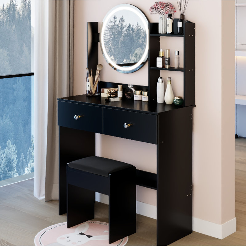 17" Round Led Vanity Table And Cushioned Stool , Touch - Operated 3 Color Lighting With Adjustable Brightness, Large Mirror Multi Layer Storage, Ideal For Small Home Spaces, American Inspired Look,