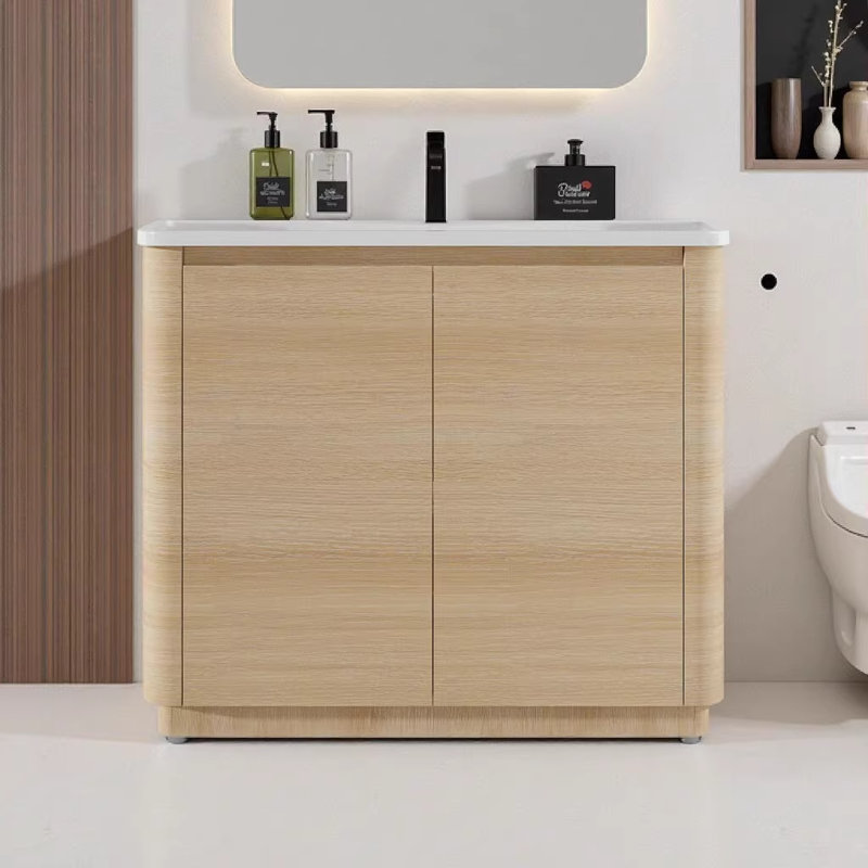 Meuble-lavabo autoportant de 40 pouces avec lavabo en céramique blanche et portes à fermeture douce, armoire en contreplaqué moderne au fini chêne blanc américain
