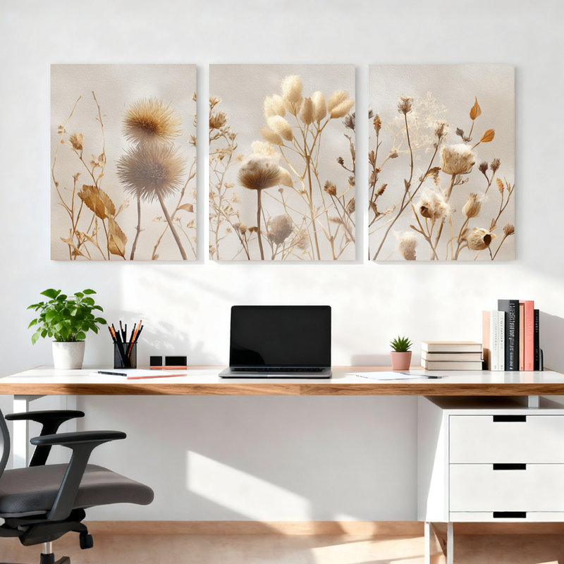 Ensemble de 3 tableaux muraux botaniques sur toile tendue, fleurs séchées, H 18 po x l 36 po