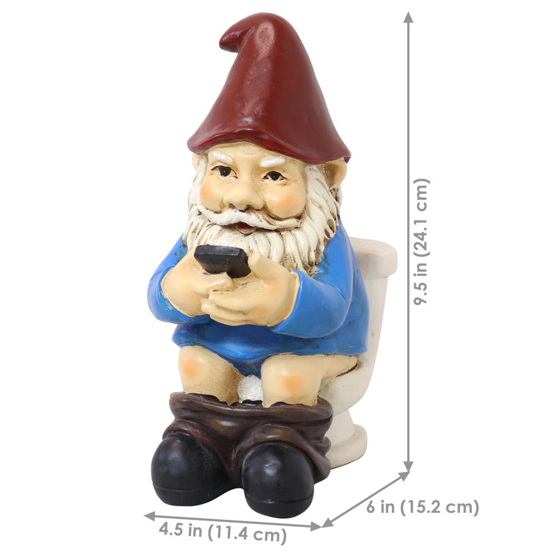 Statue de gnome d'extérieur 9,5 po - Cody sur la cuvette de toilette lisant son téléphone
