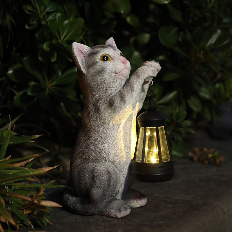 Statue de jardin pour chat 10 pouces avec lanterne solaire, statue solaire, décoration en résine pour patio, pelouse et espaces extérieurs