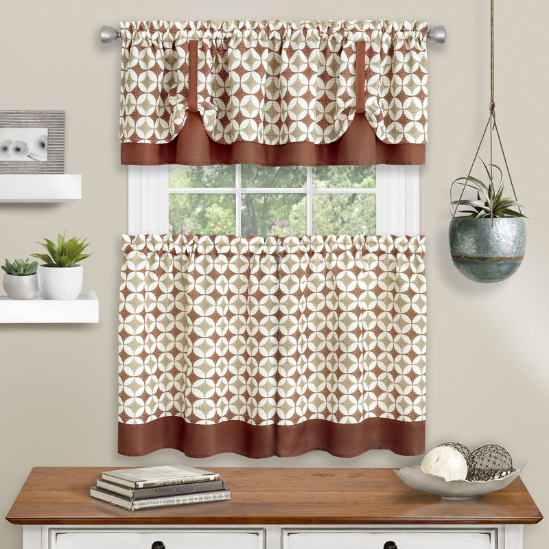 Mortensen Geometric Tailored Kitchen Curtain, 58" W x 24" L, Spice/Tan