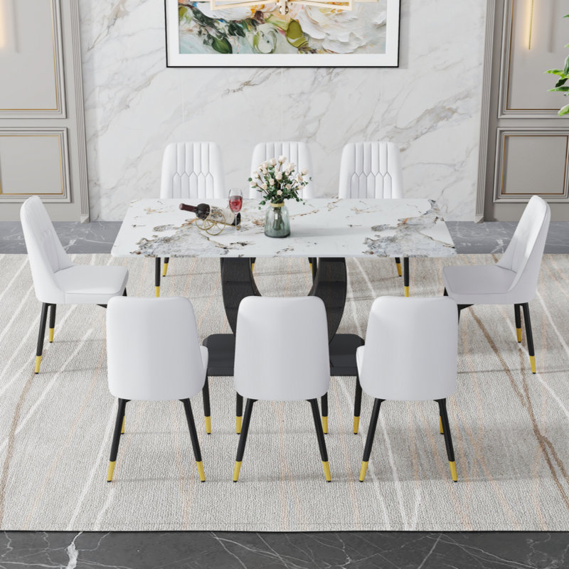 Usmon Glass Top Pedestal Dining Set, 9, White/Black