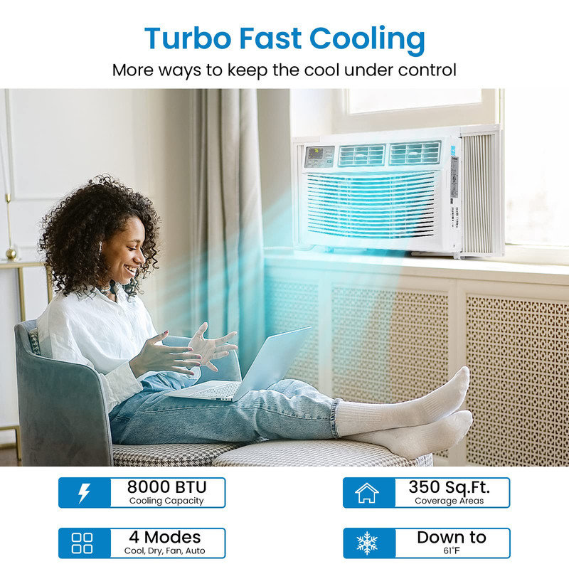 8000 BTU Window Air Conditioner, Cools 350 Sq.Ft., Remote/App Control, Auto-Restart