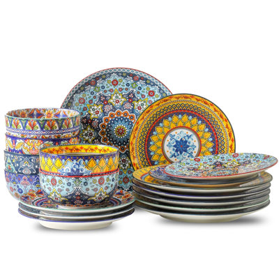 18 Pieces Dinnerware Set for 6 - Oven Microwave and Dishwasher Safe, Scratch Resistant Bohemian Ceramic Dishes