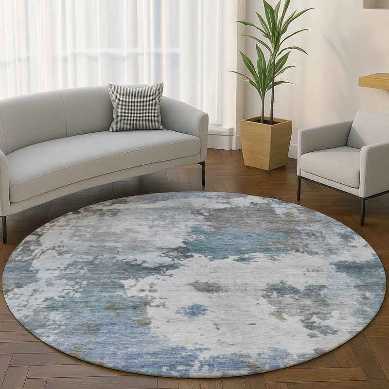 Premium Machine Washable Mayfield AMF2144 abstract Rug, Blue, 8' Round