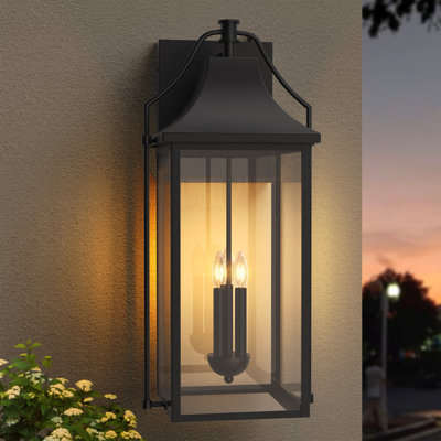 Alvester 3 - Light 𝟮𝟱-𝗜𝗡𝗖𝗛 Black Iron Tempered Glass ETL Outdoor Wall Lantern with Dusk to Dawn
