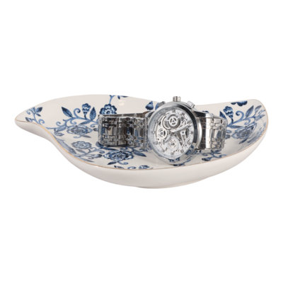 Floral Chinoiserie Ceramic Trinket Dish for Home Tabletop Decor - Decorative Plate Accent for Coffee Table, Dining or Entryway - 7", Blue & White