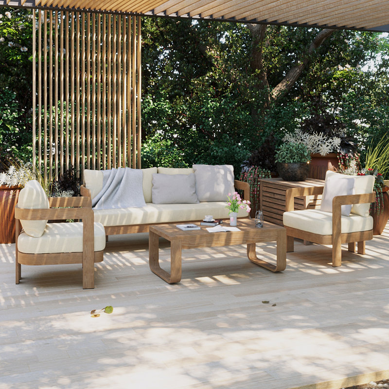 Assembly Free Sofa, Quick Assembly Coffee Table,Outdoor Aluminum Sofa Set, 5 Person Outdoor Seating Sofa, Wood Grain Veneer Sofa Set for Patio（Set of 4）