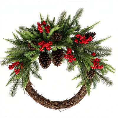 24" Pre-Lit Christmas Half Wreath with 20 LED Lights, 8 Lighting Modes & Timer, Artificial Pine Cone and Red Berry Wreath for Front Door, Window, Fireplace & Mantel Decor