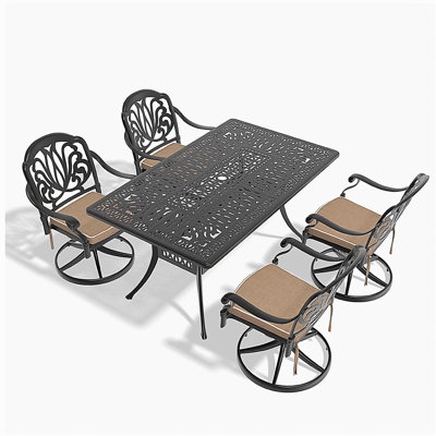 Ensemble de salle à manger 5 pièces en aluminium coulé résistant aux intempéries, comprenant 4 chaises pivotantes et une table rectangulaire avec cadre noir (même SKU: W1710S00451)