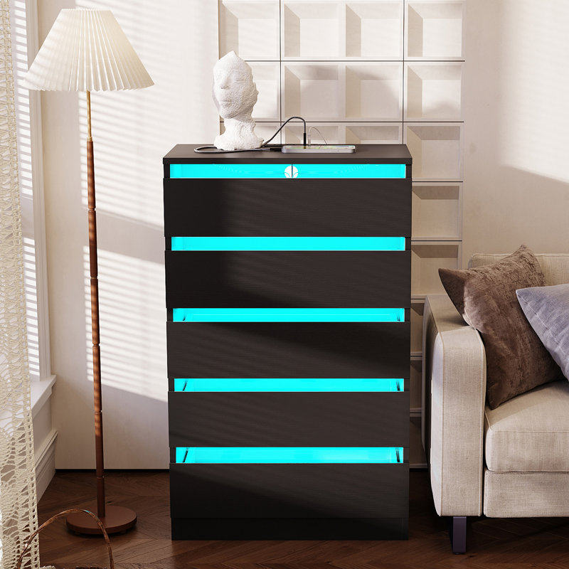 Commode 5 tiroirs avec station de charge et lumière DEL, Noir