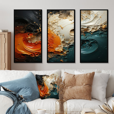 Orange et émeraude marbre lave V - art mural abstrait