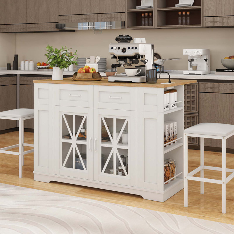 Medeeha Large Portable Kitchen Island Table With Storage Drop Leaf & 2 Bar Stools Seating For Kitchen On Wheels With Power Outlet & Footrest