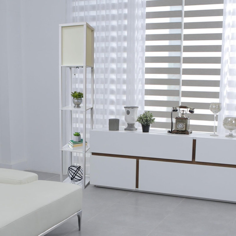 Floor Lamp With Linen Shade And 3 Built-In Shelves, 62.5" H, White