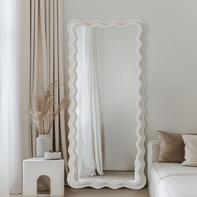 Irregular Wavy Mirror, Large Floor Standing Mirrors Wall Mounted with Flannel Wrapped Frame for Bedroom & Living Room, White