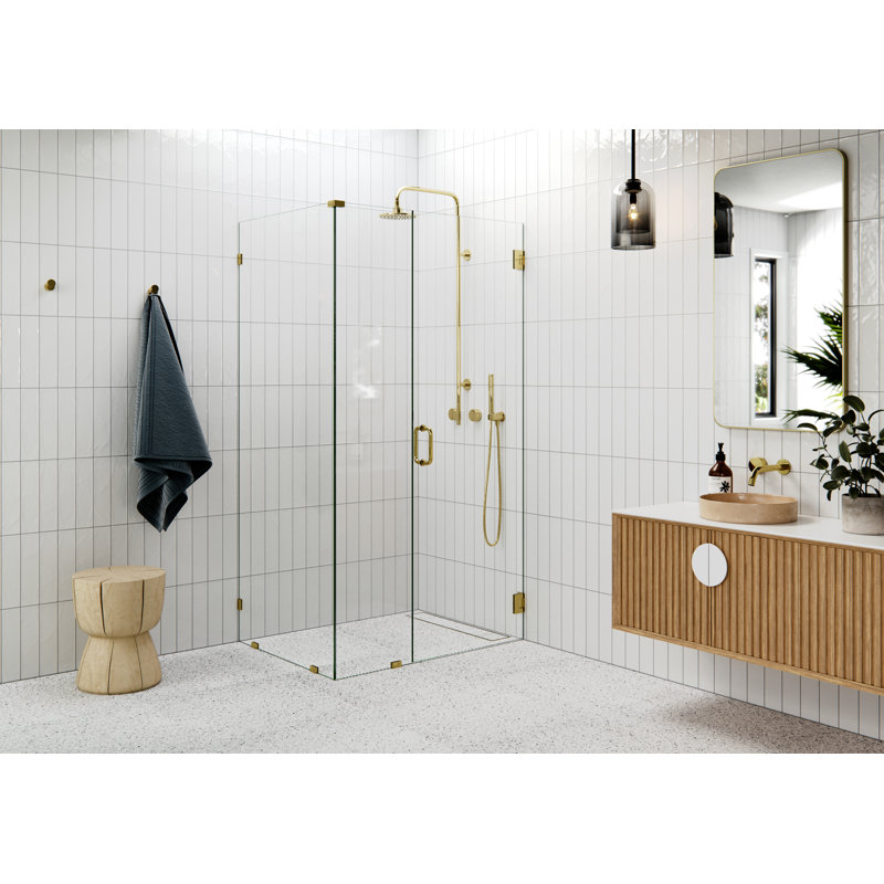 46" W Pivot Frameless Shower Door, Polished Brass