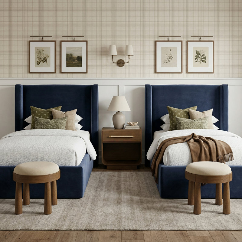 Kendall Wanaque Velvet Upholstered Bed, Navy Velvet, Twin