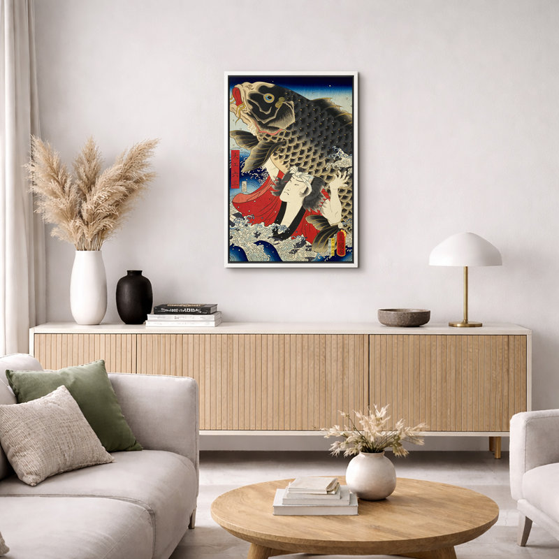 «Samurai and Giant Koi Ukiyo-e», œuvres d'art de la mythologie japonaise, impression sur toile encadrée, Cadre flottant noir