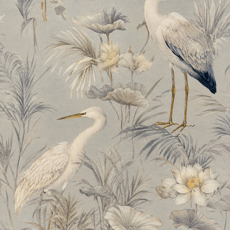 Papier peint botanique rétro héron et lotus en gris et bleu