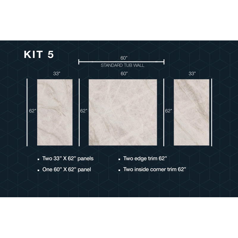 Polymarm 60" W 62" H 33" D Three Wall Composite Shower Tub Wall Panel Surround, Taj Mahal