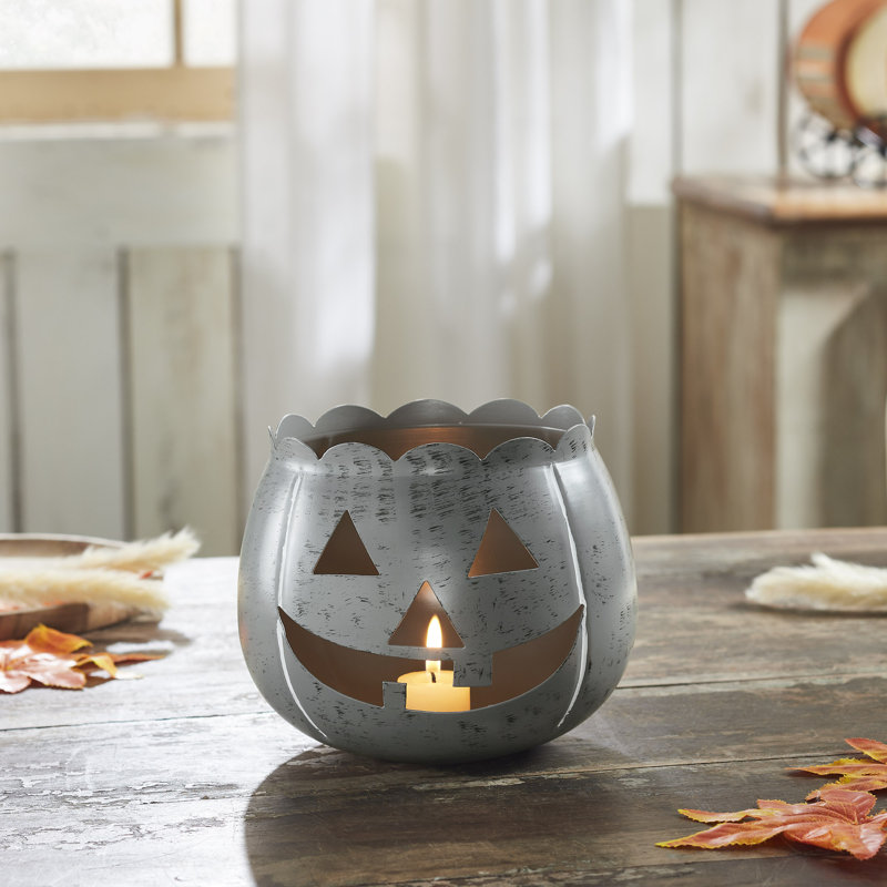 Jack-O-Lantern Candle Holder, Gray, 6.25'' H X 7.5'' W X 7.5'' D