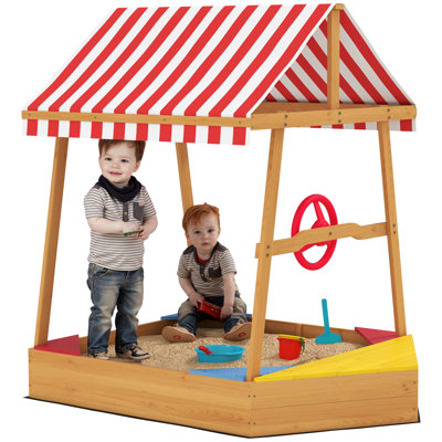 Kids Sandbox with Cover, 4 Seats, Rudder, Deck, for Ages 3-8, Yellow
