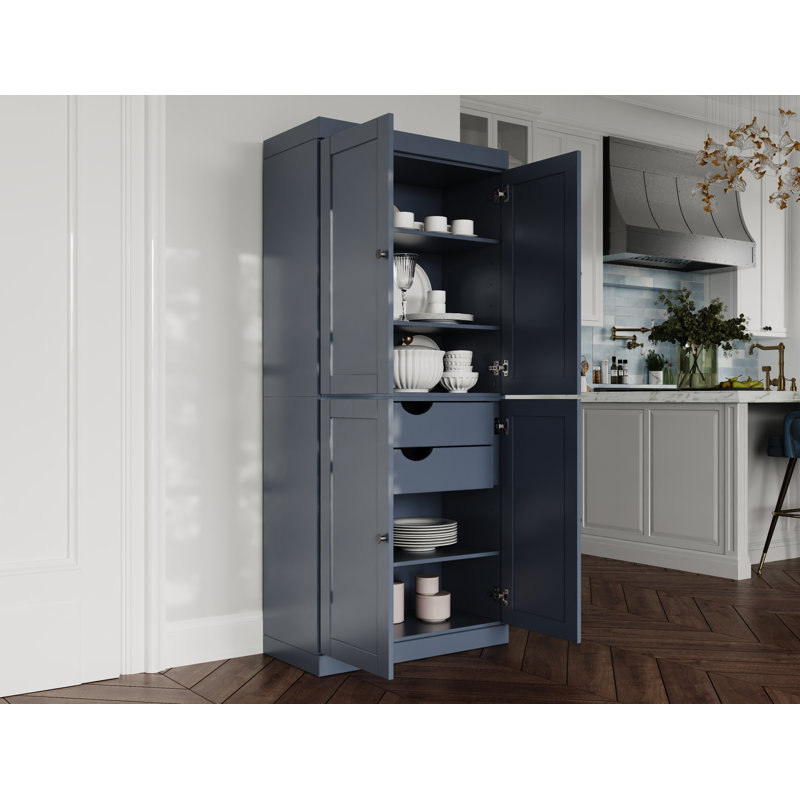 Garde-manger 100% bois massif 32 po avec portes Shaker, 2 tiroirs et tablettes réglables, Bleu antique