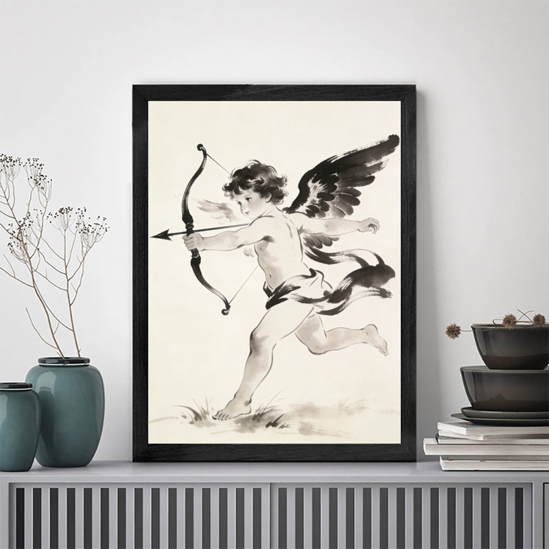 Reproduction d'art encadrée noire "Cupidon tenant un arc et une flèche", impression sur le thème de la Saint-Valentin
