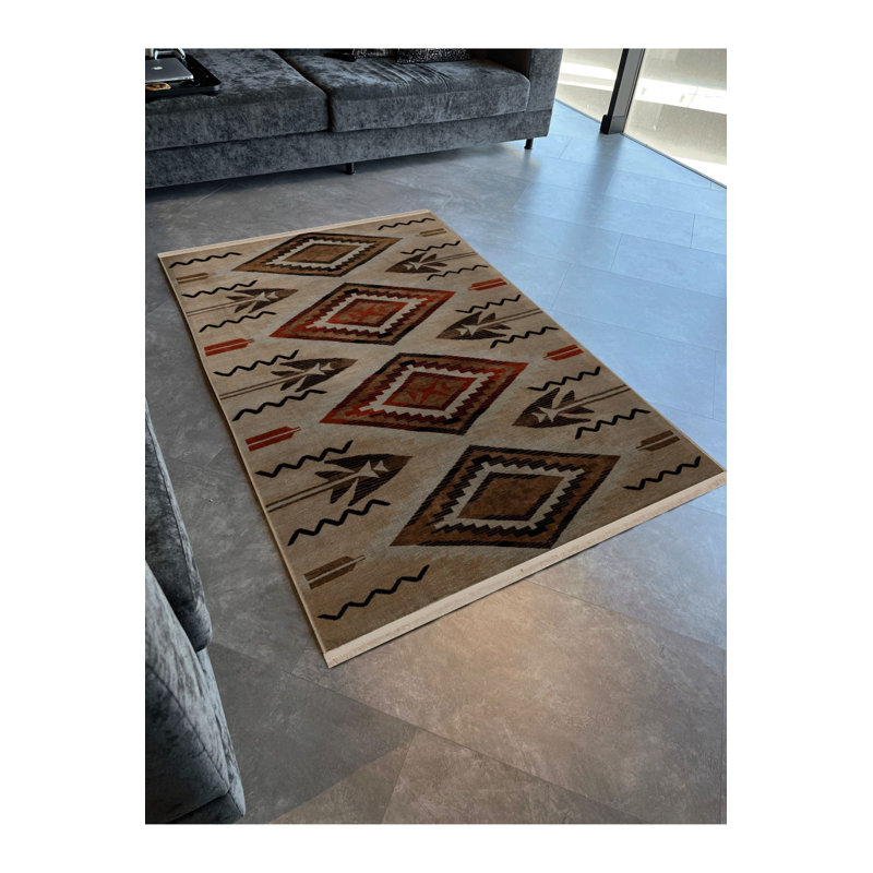 Tapis décoratif traditionnel frangé à motif traditionnel lavable à la machine, Rectangle 2 pi 6 po x 4 pi 11 po