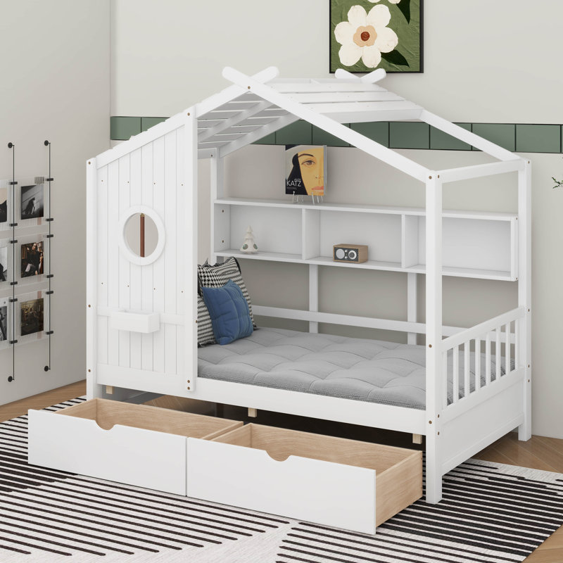 Lit en bois avec tablette de rangement et tiroirs, Lit simple, Blanc