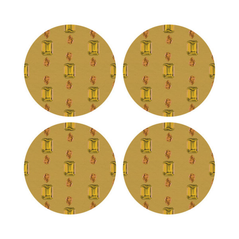 Gem Citrines And Sapphires Gold Vegan Leather Round Coasters