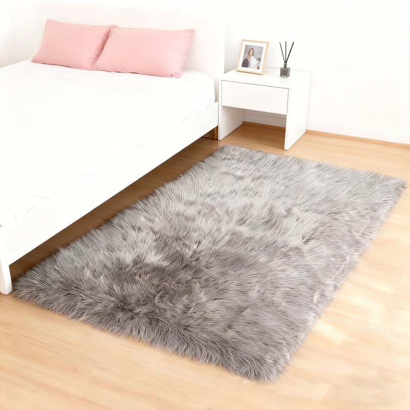 Luxurious Plush Gray Faux Sheepskin Rug, Rectangle 3' x 5'