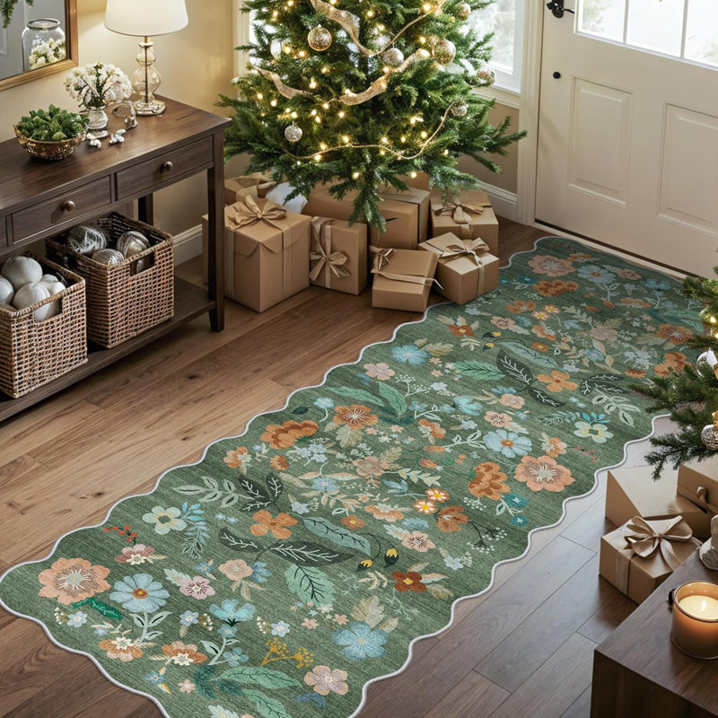 Hallway Washable Rug: Stain Resistant Floral Scalloped Rug for Kitchen Entryway Farmhouse Soft Carpet for Bathroom Bedroom Thin Laudry Living Room Floor Mat with Non Slip Backing