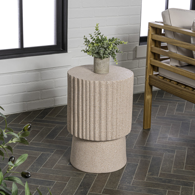 Louisa Modern 19" Fluted Outdoor Accent Table, All-Weather Pink Terrazzo Pedestal Garden Stool & Round Patio Side Table