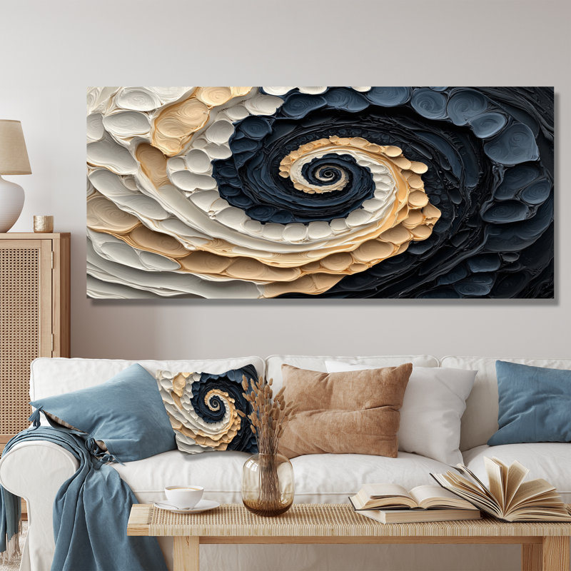 Abstrait Vortex cosmique noir et blanc II - Collages abstraits, art mural, H 28 po x l 60 po, Toile tendue sur cadre